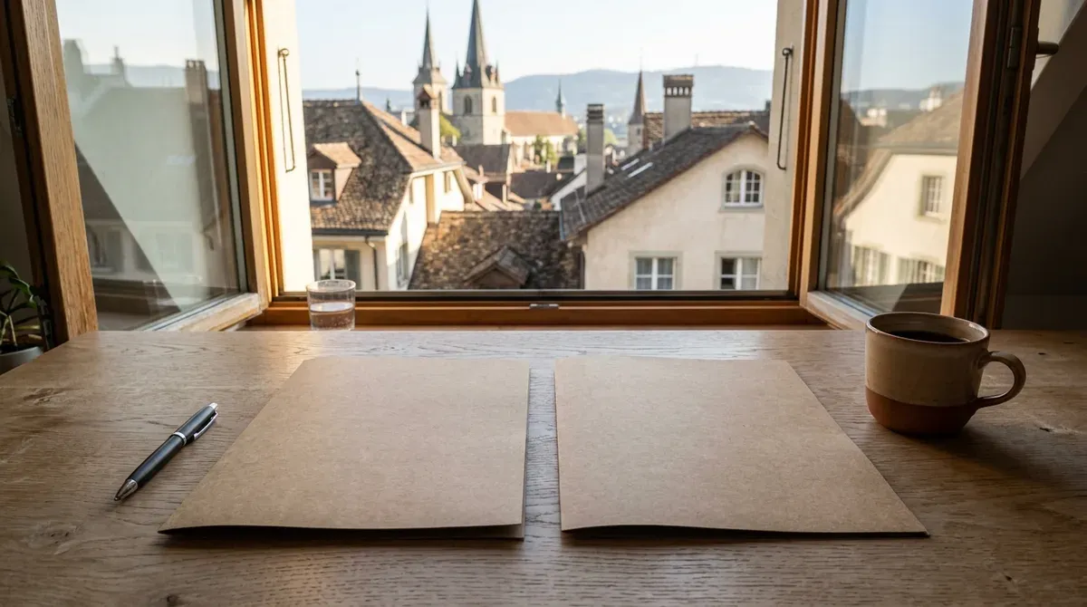 Deux dossiers en papier posés côte à côte sur un bureau en bois, devant une fenêtre donnant sur les toits d'une vieille ville suisse