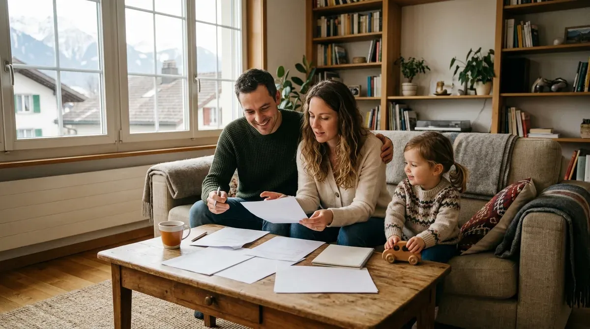 Un couple et son jeune enfant dans leur salon, les parents consultent des documents posés sur la table basse