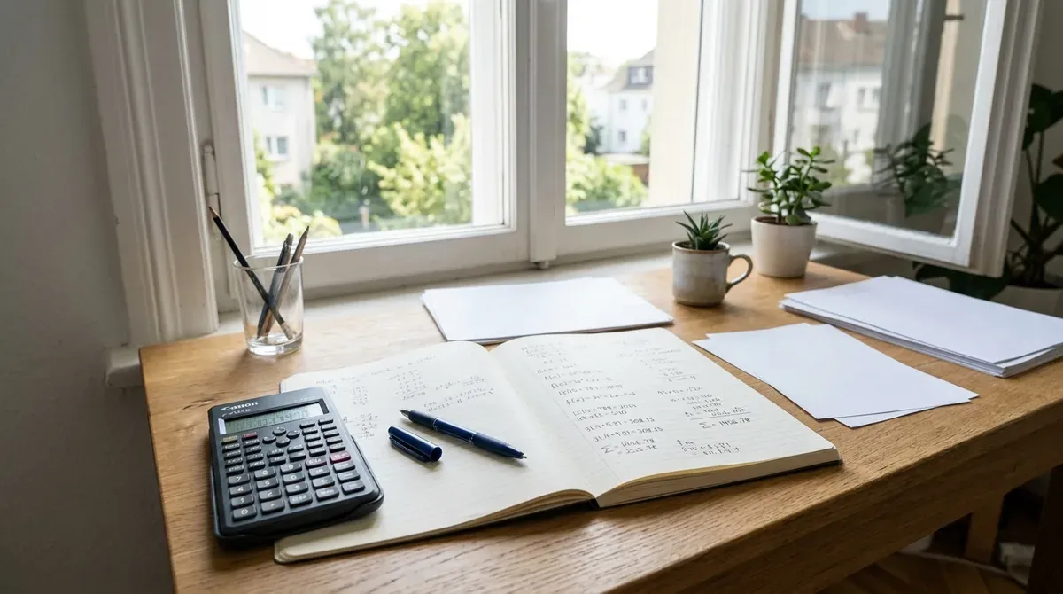 Une calculatrice, un stylo et un carnet de notes posés sur un bureau clair près d'une fenêtre