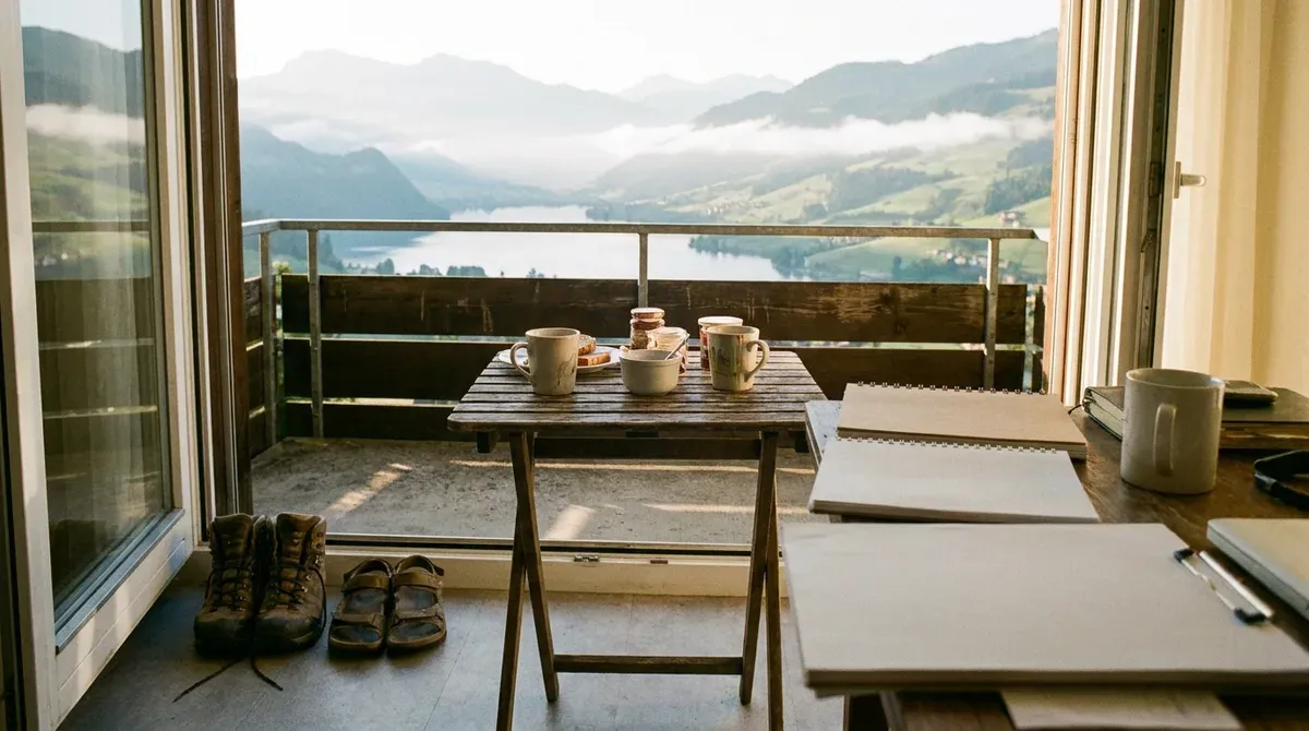 Deux tasses et deux paires de chaussures devant la porte-fenêtre d'un balcon d'appartement suisse, vue sur un lac au matin