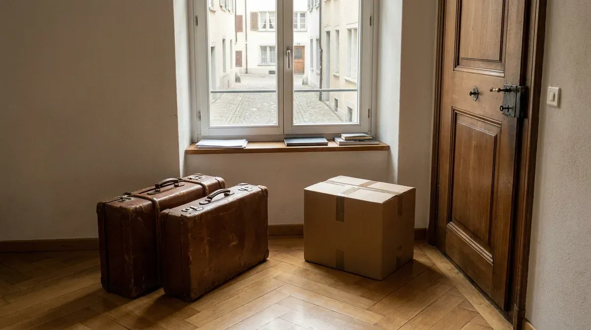 Deux valises fermées et un carton de déménagement dans l'entrée d'un appartement ancien de vieille ville suisse, fenêtre sur une ruelle pavée