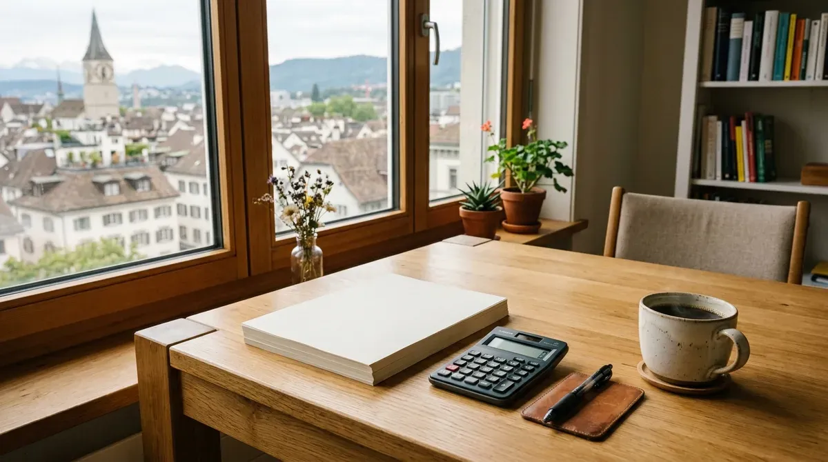 Table de travail dans un appartement suisse avec des documents, une calculatrice et un stylo posés à côté d'une tasse de café