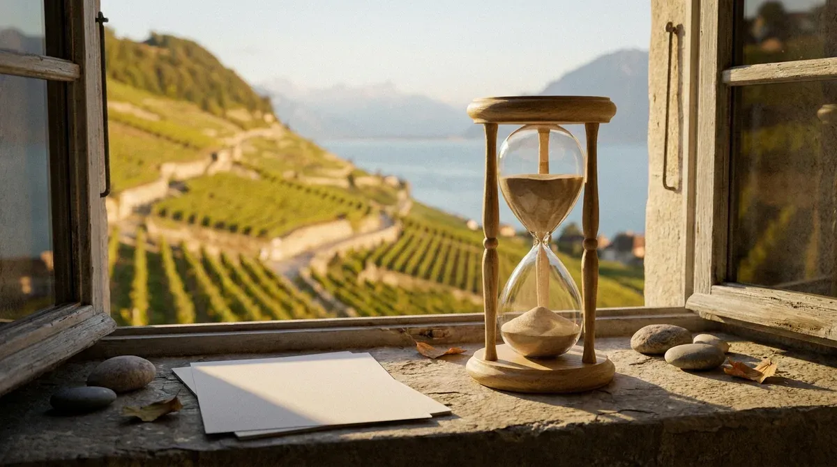 Sablier en bois posé sur le rebord d'une fenêtre ouverte sur un village de vignes au bord du Léman en fin d'après-midi
