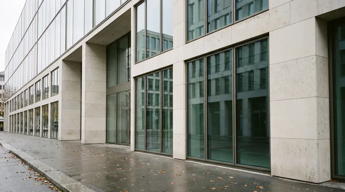 Façade d'un immeuble de bureaux suisse en verre et pierre, vue depuis la rue