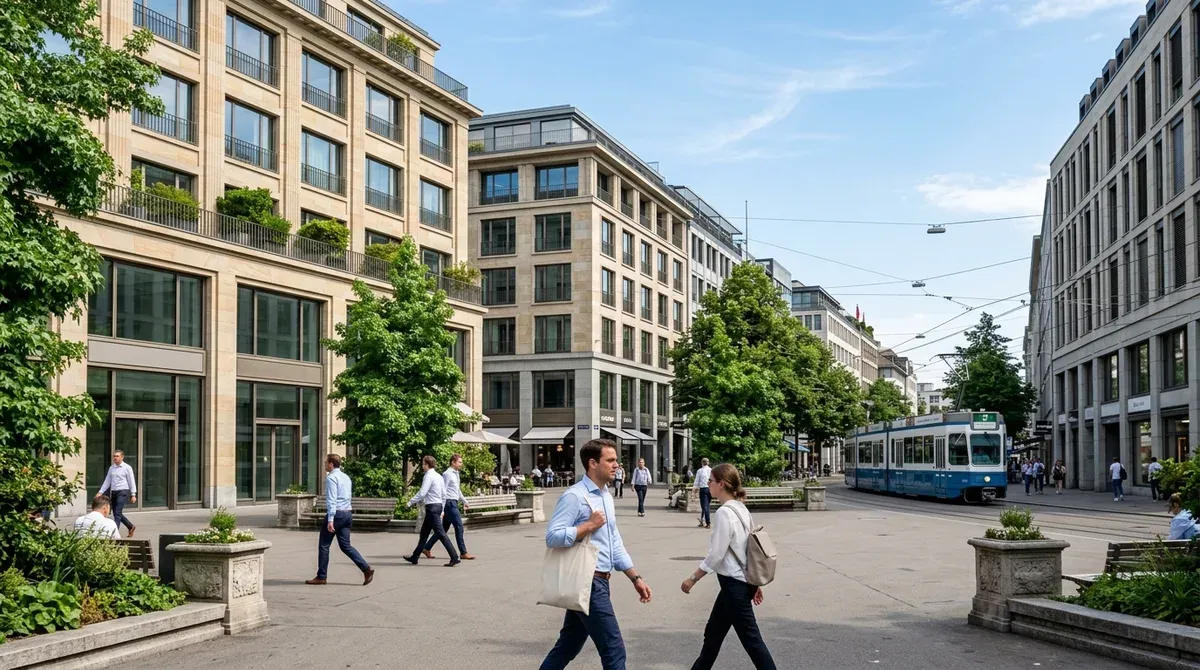 Façades de bureaux d'un quartier d'affaires suisse en été, piétons traversant une place arborée