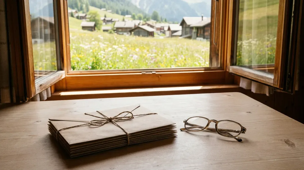 Pile d'enveloppes unies nouée d'une ficelle et paire de lunettes sur une table de cuisine en bois clair, fenêtre ouverte sur un village de montagne suisse au printemps
