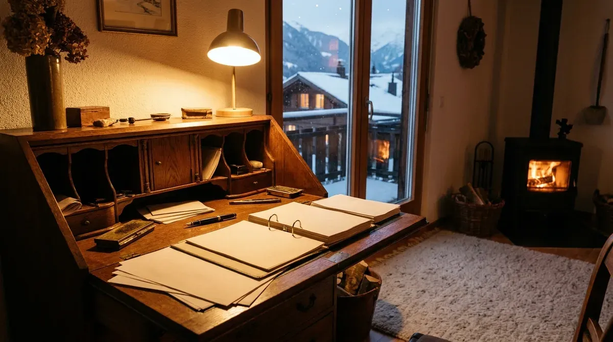 Classeur de documents ouvert sur un secrétaire en bois dans un appartement suisse, à côté d'une lampe de bureau allumée en fin de journée