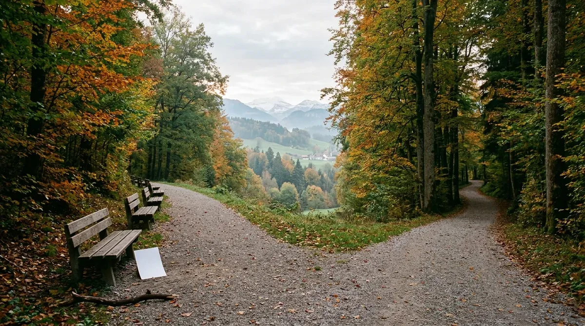 Deux chemins qui se séparent dans un parc suisse au petit matin, l'un bordé de bancs, l'autre montant vers les arbres