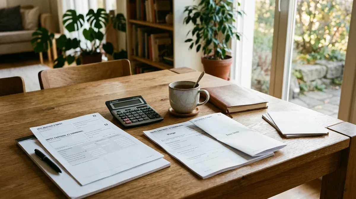 Une déclaration d'impôt suisse posée sur une table avec une calculatrice et une tasse de thé