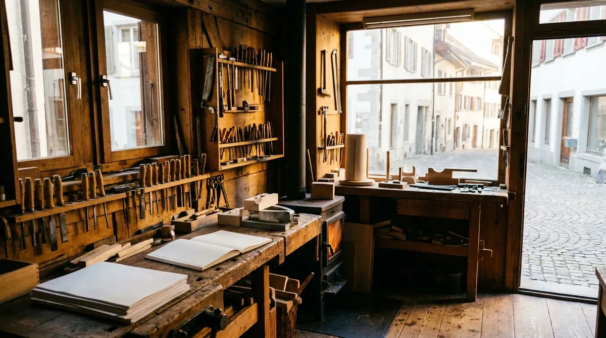 Atelier d'artisan dans une petite ville suisse, établi en bois avec des outils rangés et un carnet ouvert, lumière de fin d'après-midi par la vitrine