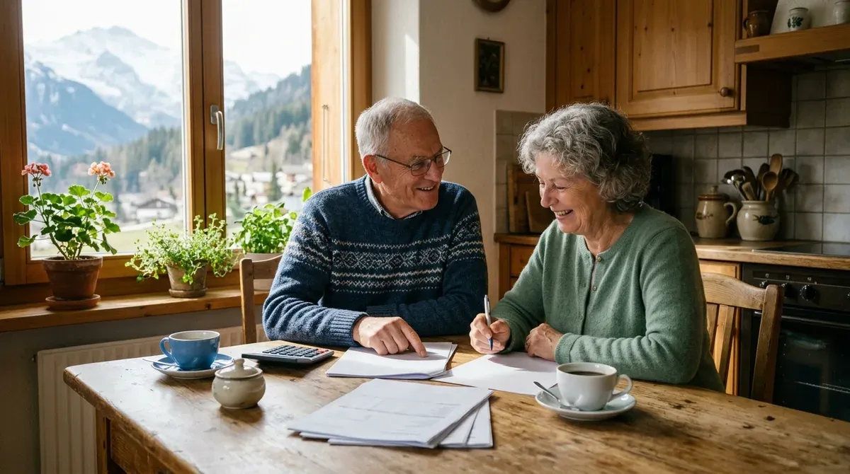 Un couple de retraités assis à la table de leur cuisine, une tasse de café et des documents financiers devant eux