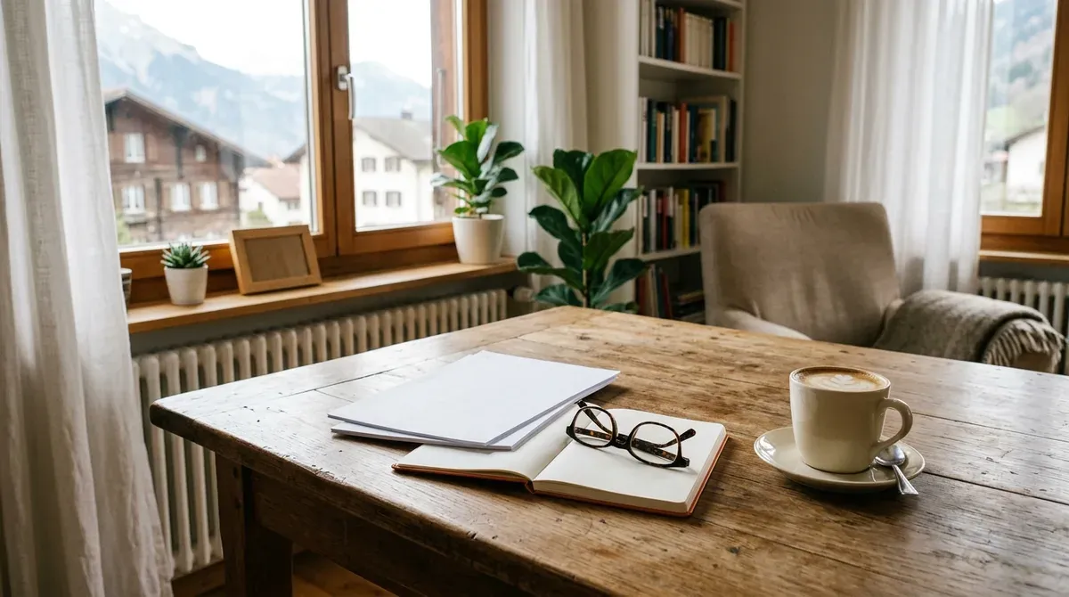 Documents et stylo posés sur la table d'un salon suisse, avec une paire de lunettes et une tasse de café