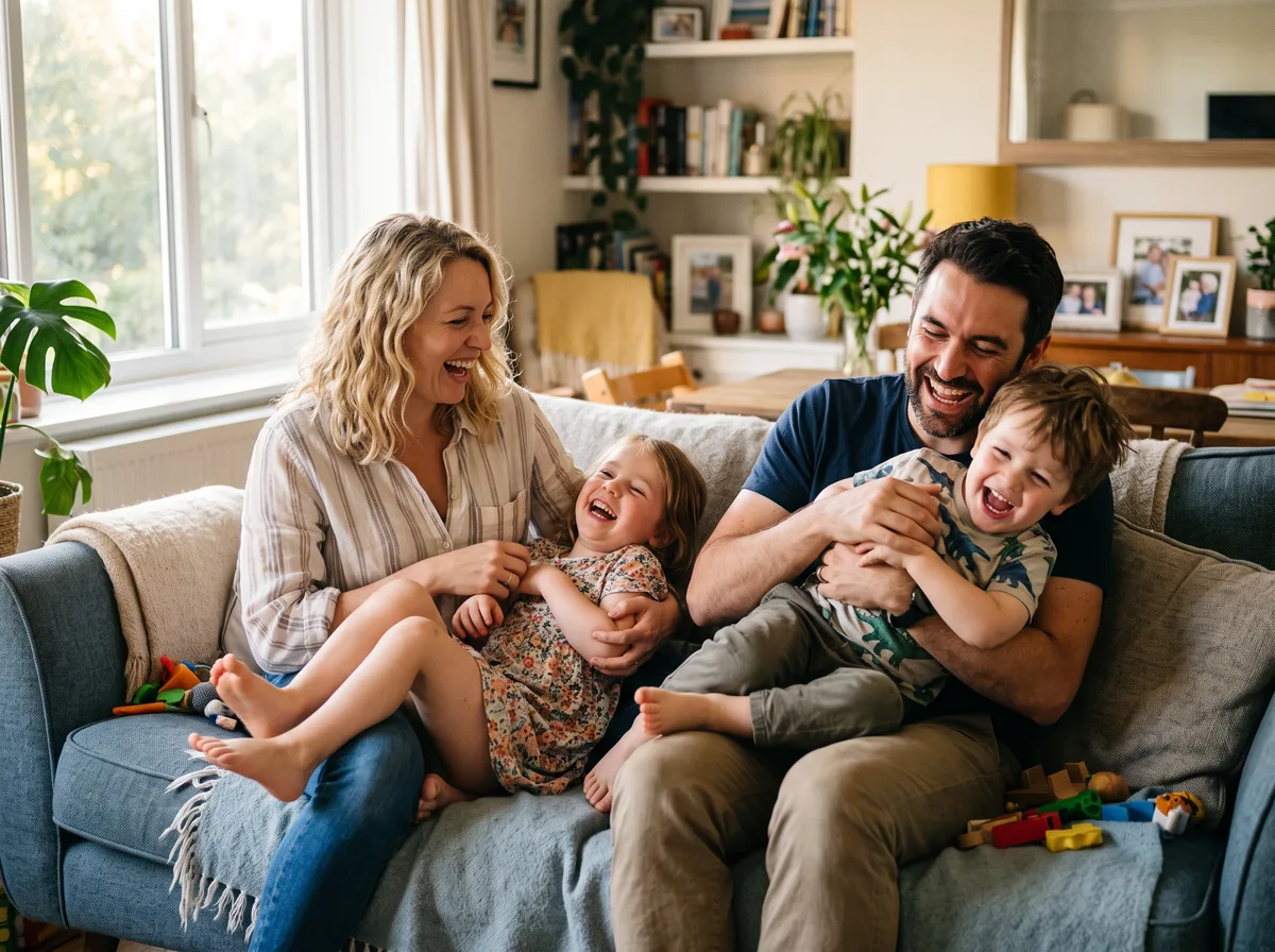 Des parents jouent avec leurs deux enfants dans le salon