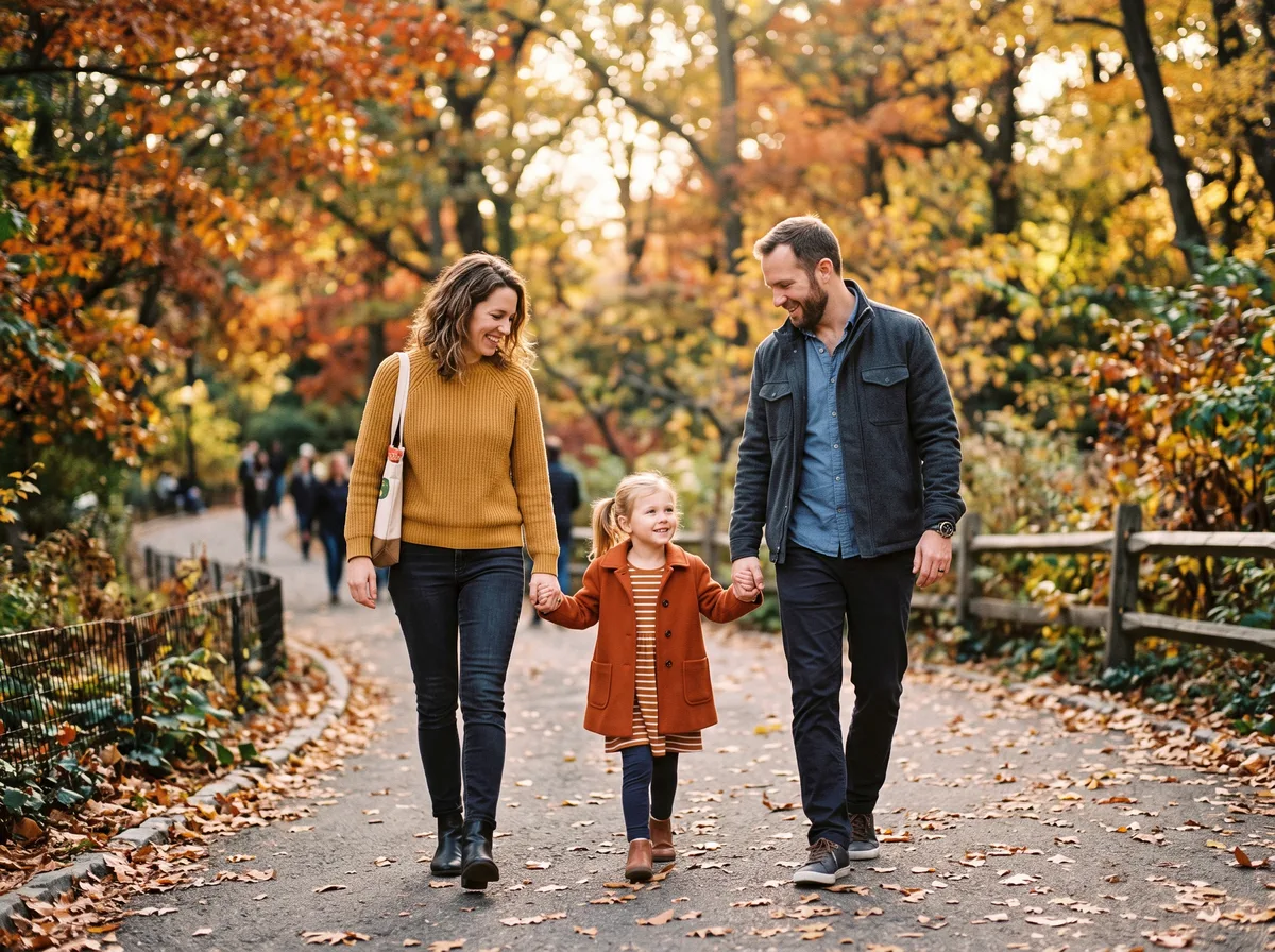 Des parents se promènent au parc avec leur fille en automne